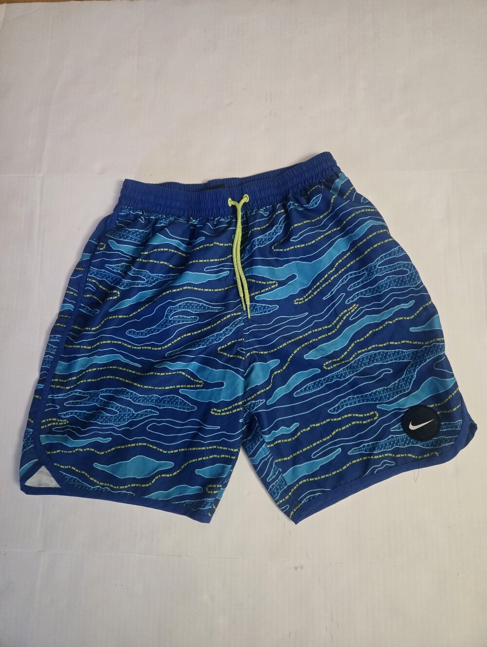 Nike Men’s Blue Wave-Pattern Swim Trunks with Lime Accents, Size L
